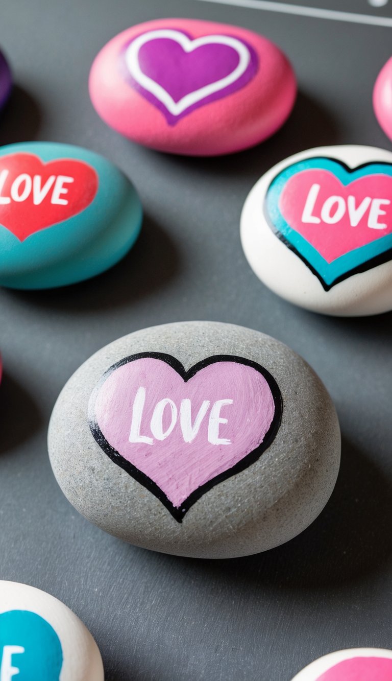 A collection of colorful painted rocks with love-themed designs arranged on a chalkboard background