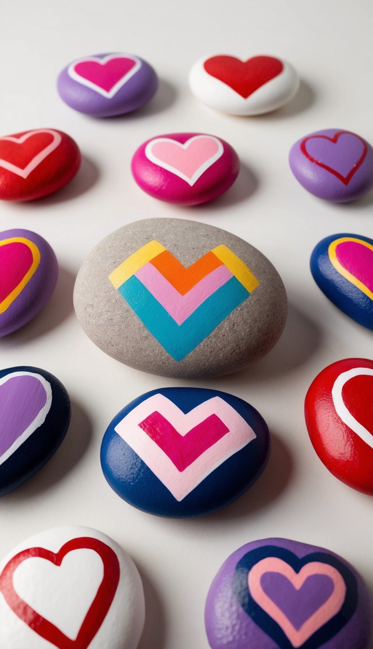 Colorful geometric hearts arranged on a rock, surrounded by other painted rocks with various love-themed designs