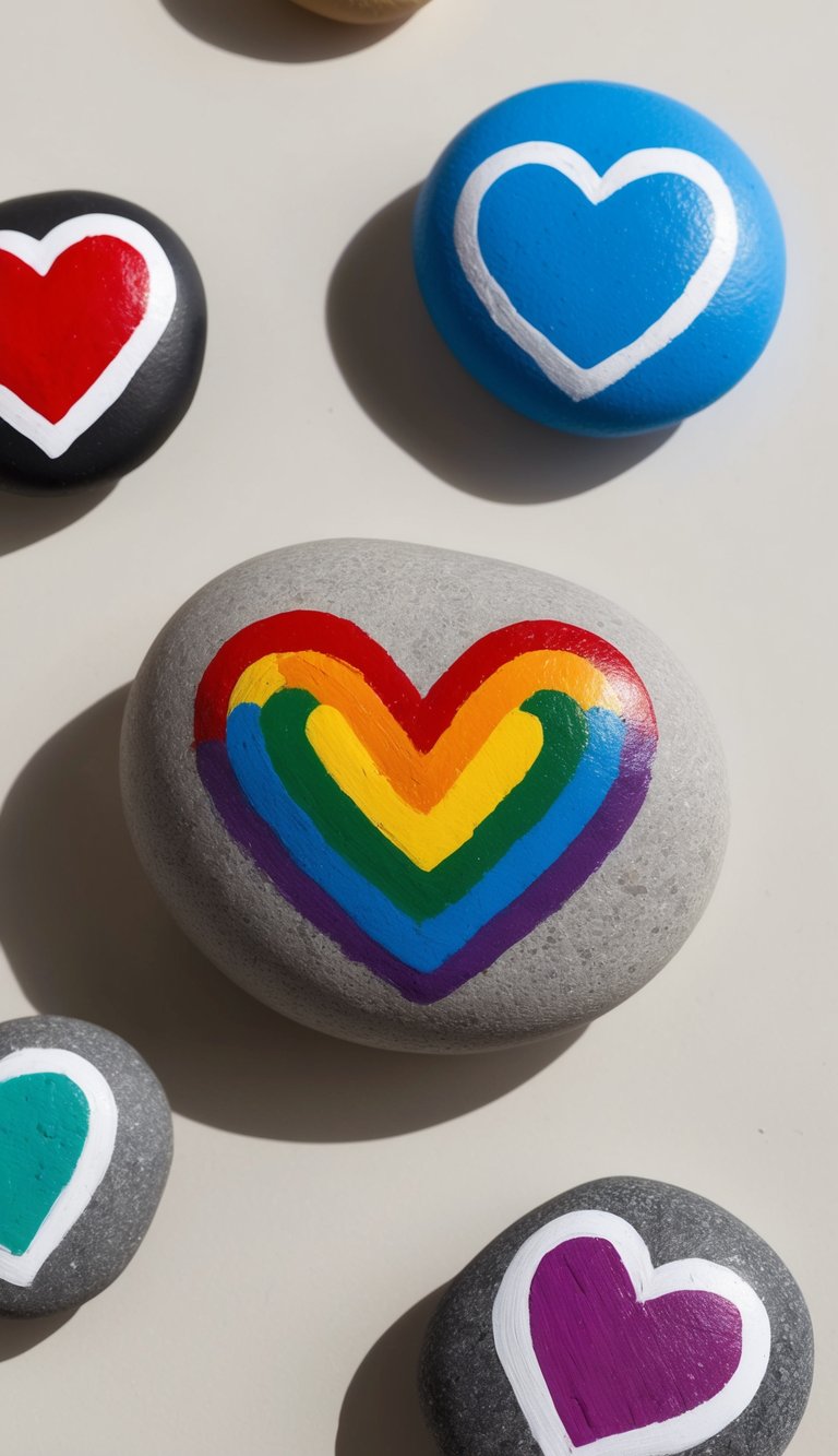A rainbow heart painted on a smooth rock, surrounded by smaller rocks with different heart designs in various colors