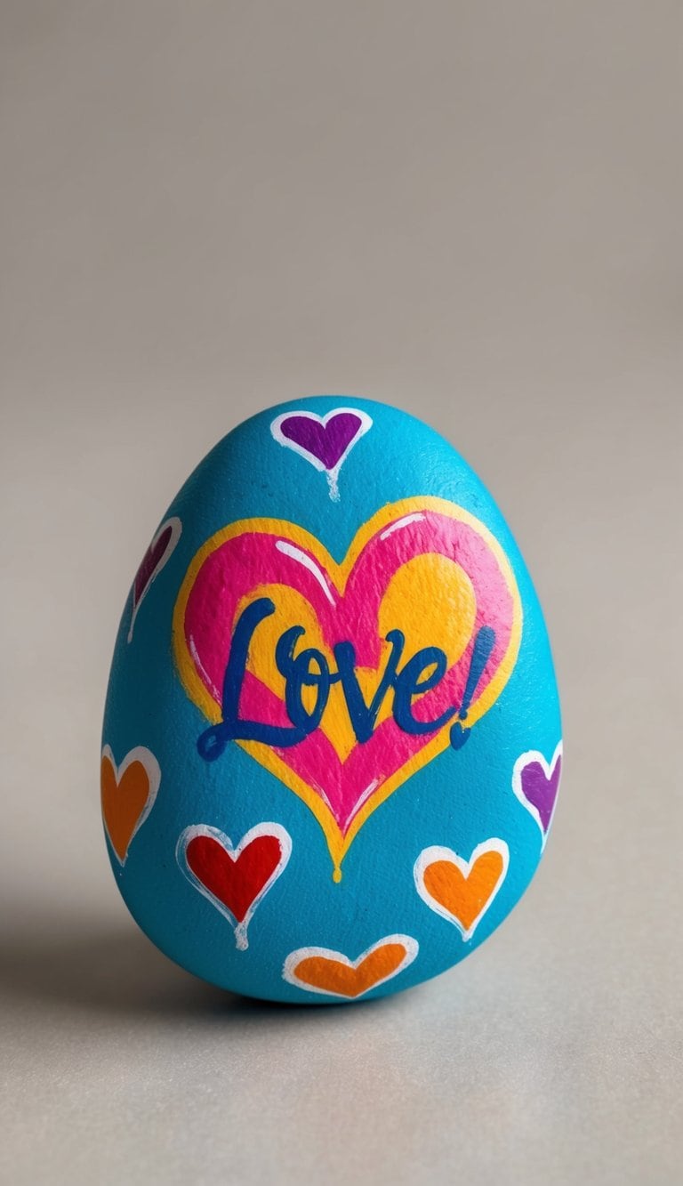 A colorful rock covered in graffiti-style heart designs and vibrant love-themed illustrations