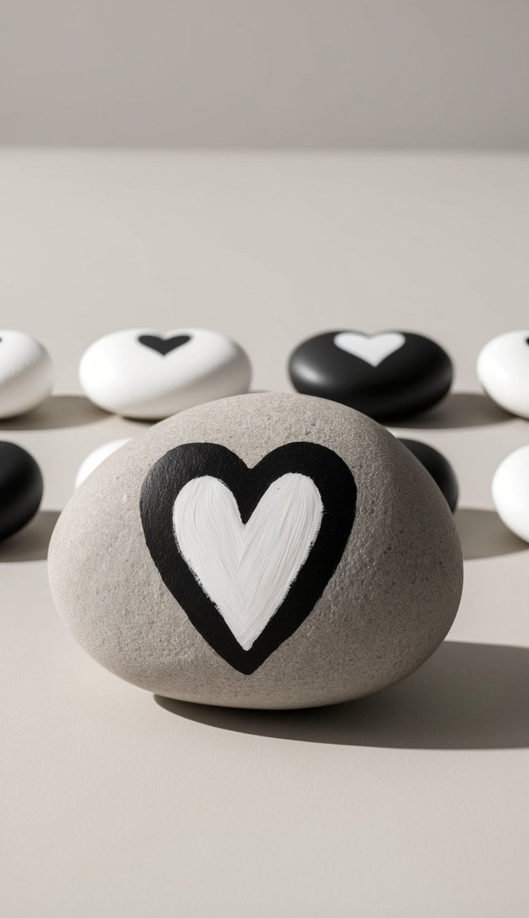 A collection of monochrome hearts painted on rocks, arranged in a minimalist and heartfelt display