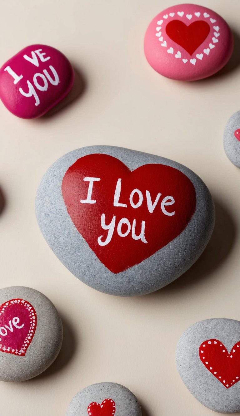 A heart-shaped rock with "I love you" painted on it, surrounded by smaller rocks with various love-themed designs