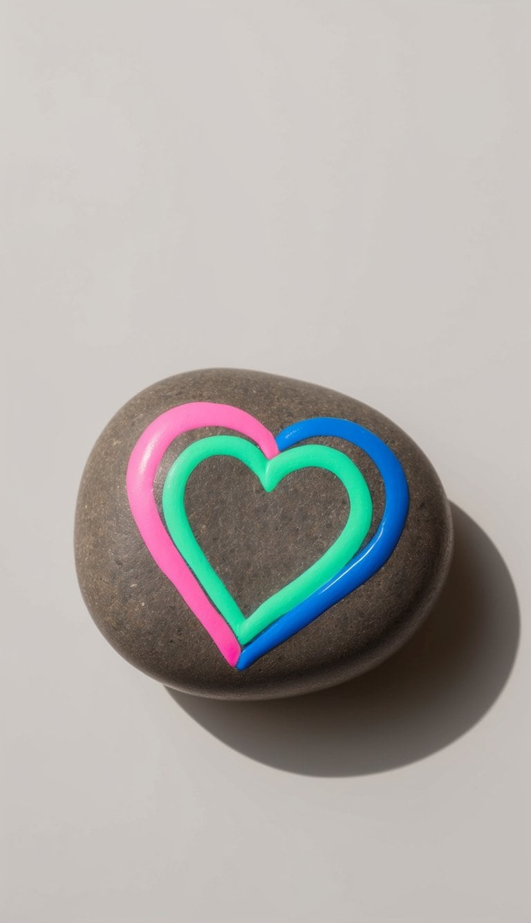 Bright neon hearts painted on rocks, arranged in a heart shape with vibrant colors