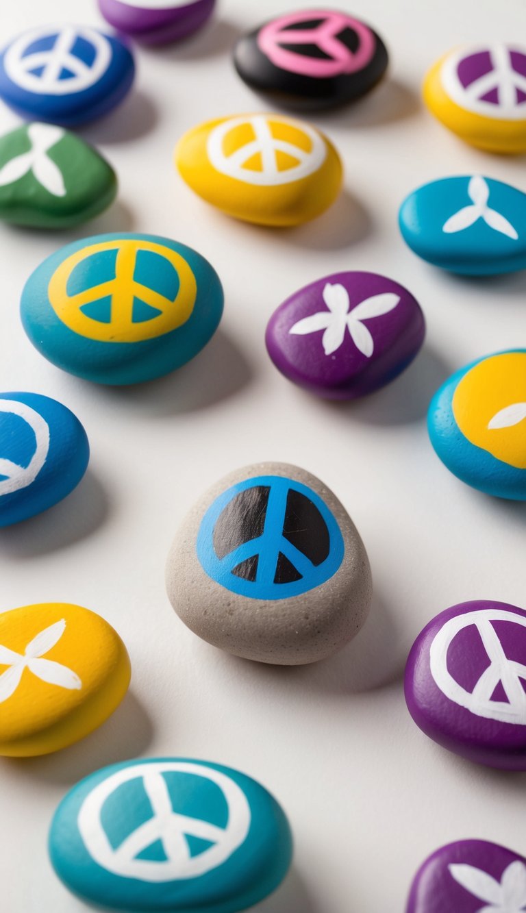 A collection of colorful rocks with peace and love symbols painted on them, arranged in a decorative display