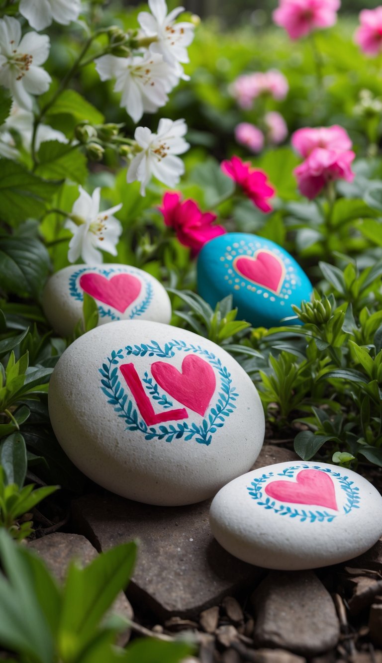 A Victorian garden with love-themed painted rocks scattered among blooming flowers and lush greenery