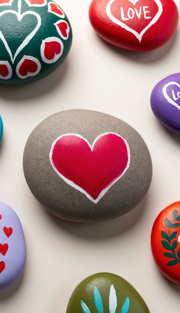 A woodland creature carefully paints a heart on a smooth rock, surrounded by other painted rocks with various love-themed designs