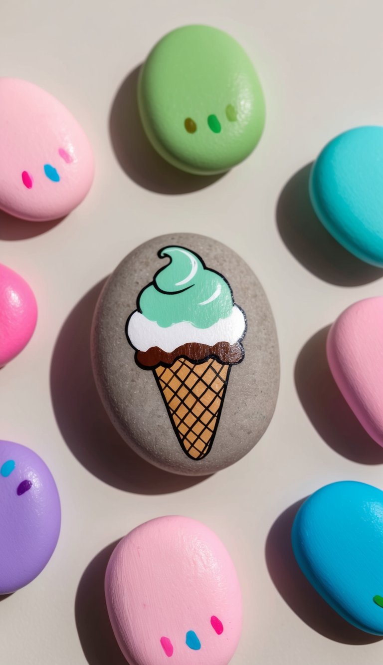 A mint chocolate charm ice cream painted rock surrounded by colorful ice cream-themed rocks