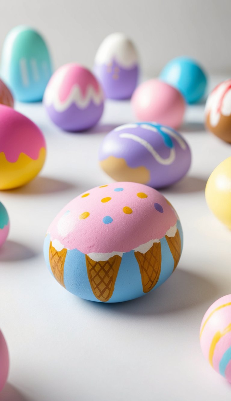 A colorful assortment of ice cream painted rocks arranged in a playful display, evoking a sense of sweetness and delight