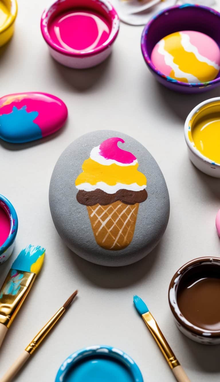 A colorful assortment of maple walnut ice cream painted rocks arranged on a table, surrounded by vibrant paint and brushes