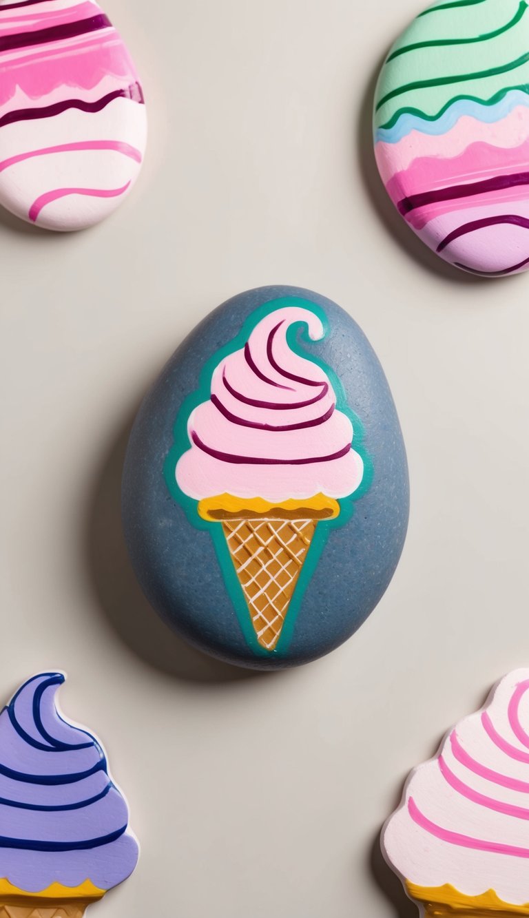 A colorful passionfruit pastel ice cream cone painted on a smooth rock, surrounded by other vibrant ice cream designs