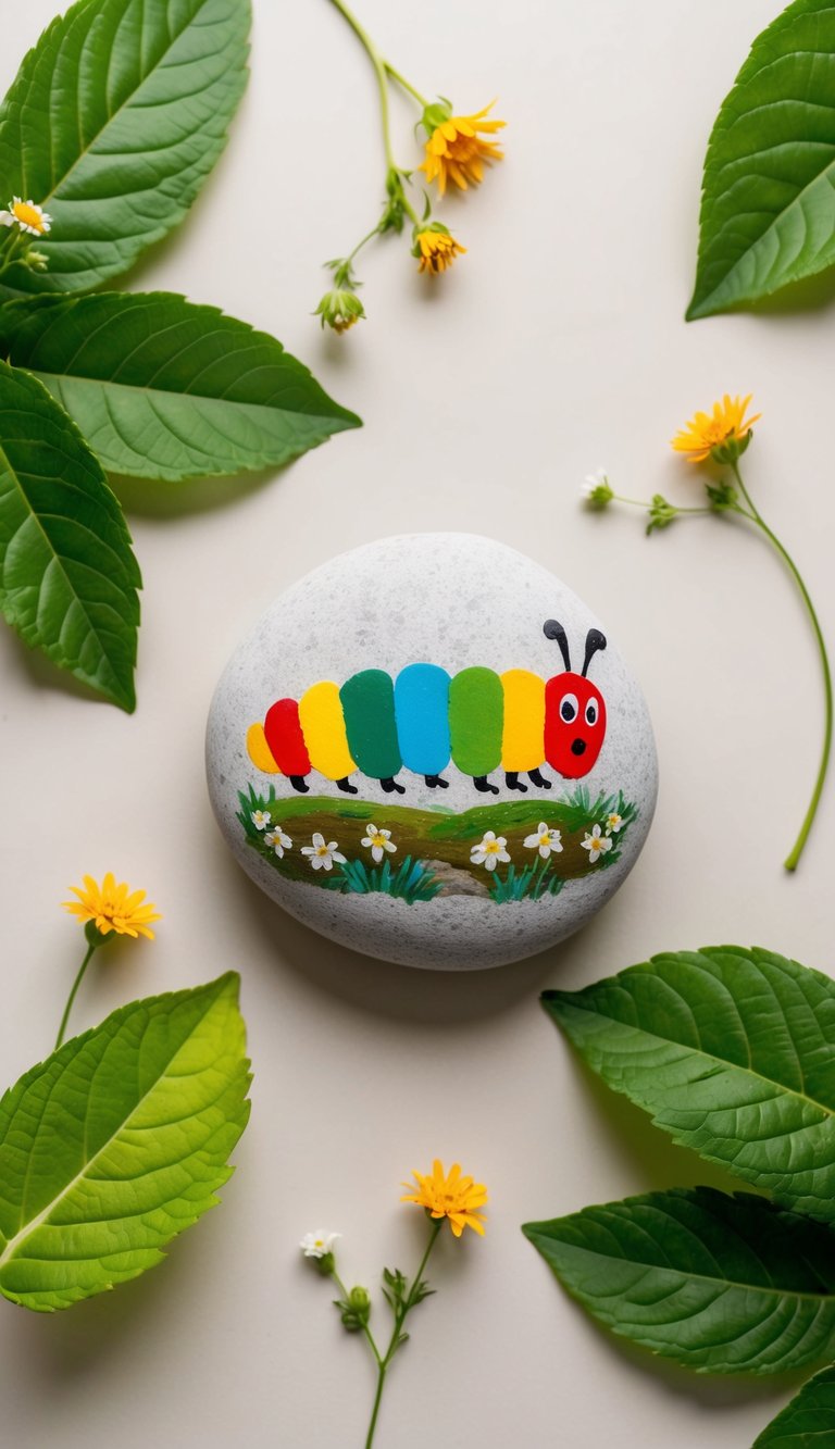 A colorful caterpillar painted on a smooth rock, surrounded by vibrant green leaves and small flowers