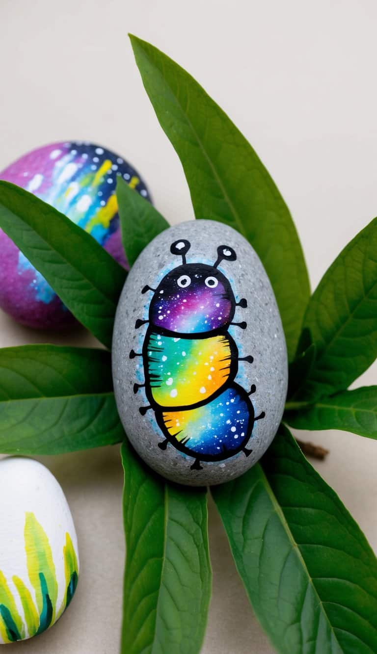 A colorful caterpillar rock with galaxy-themed patterns, nestled among green leaves and surrounded by other painted rocks