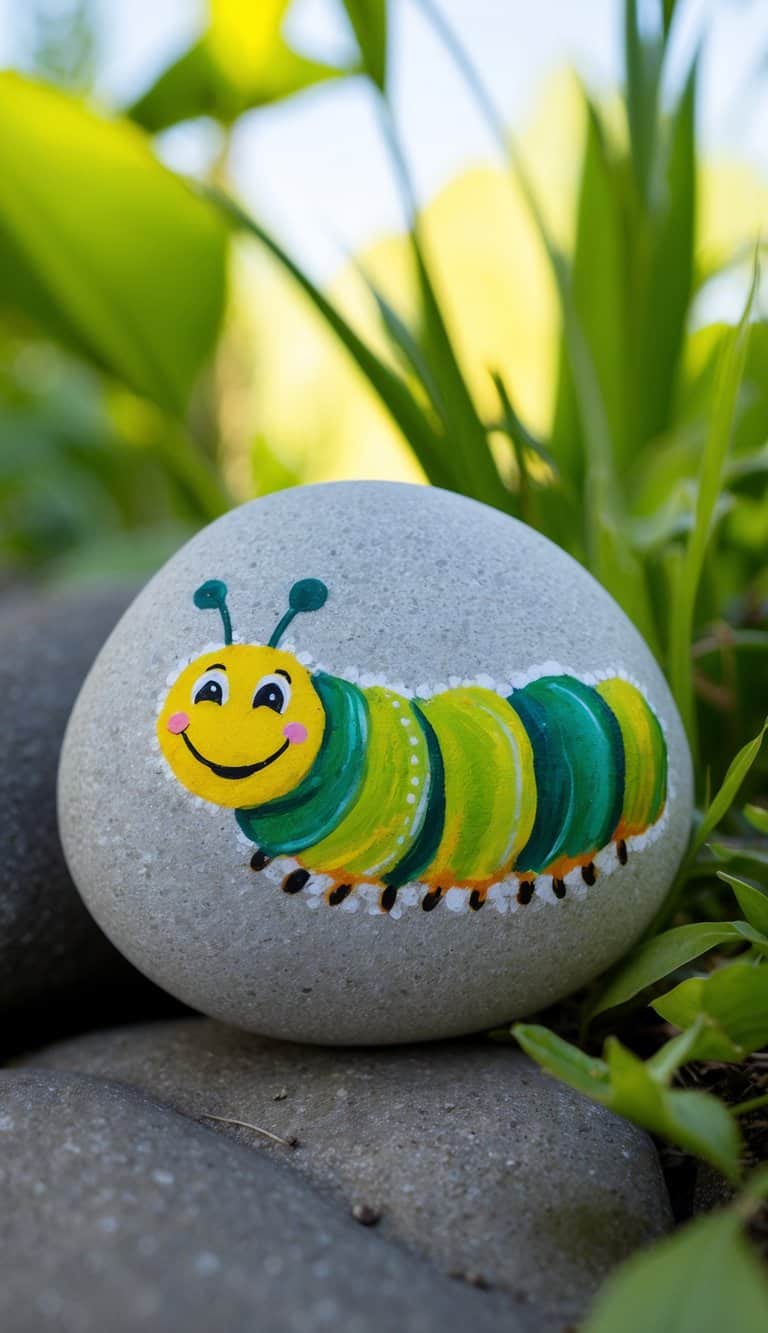 A smiling caterpillar face painted on a rock, surrounded by vibrant nature