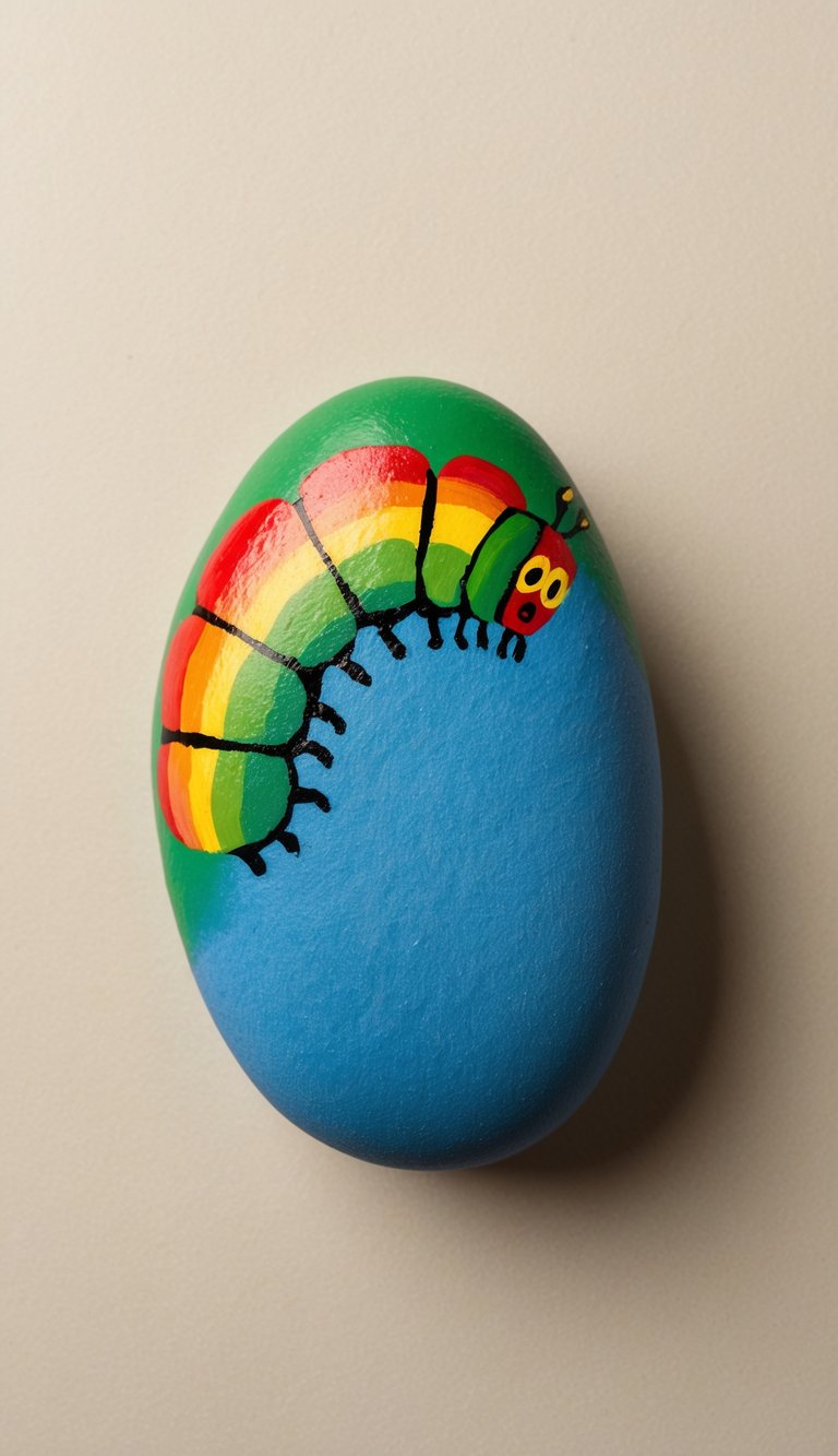 A colorful caterpillar painted rock on a natural background, showcasing a gradient effect