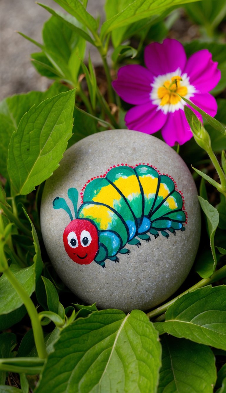 A vibrant caterpillar painted rock nestled among green leaves and colorful flowers, evoking the beauty of nature