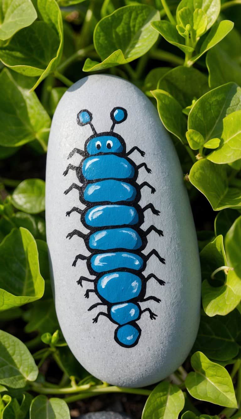 A cluster of steel blue stones forms a caterpillar shape, surrounded by vibrant green foliage