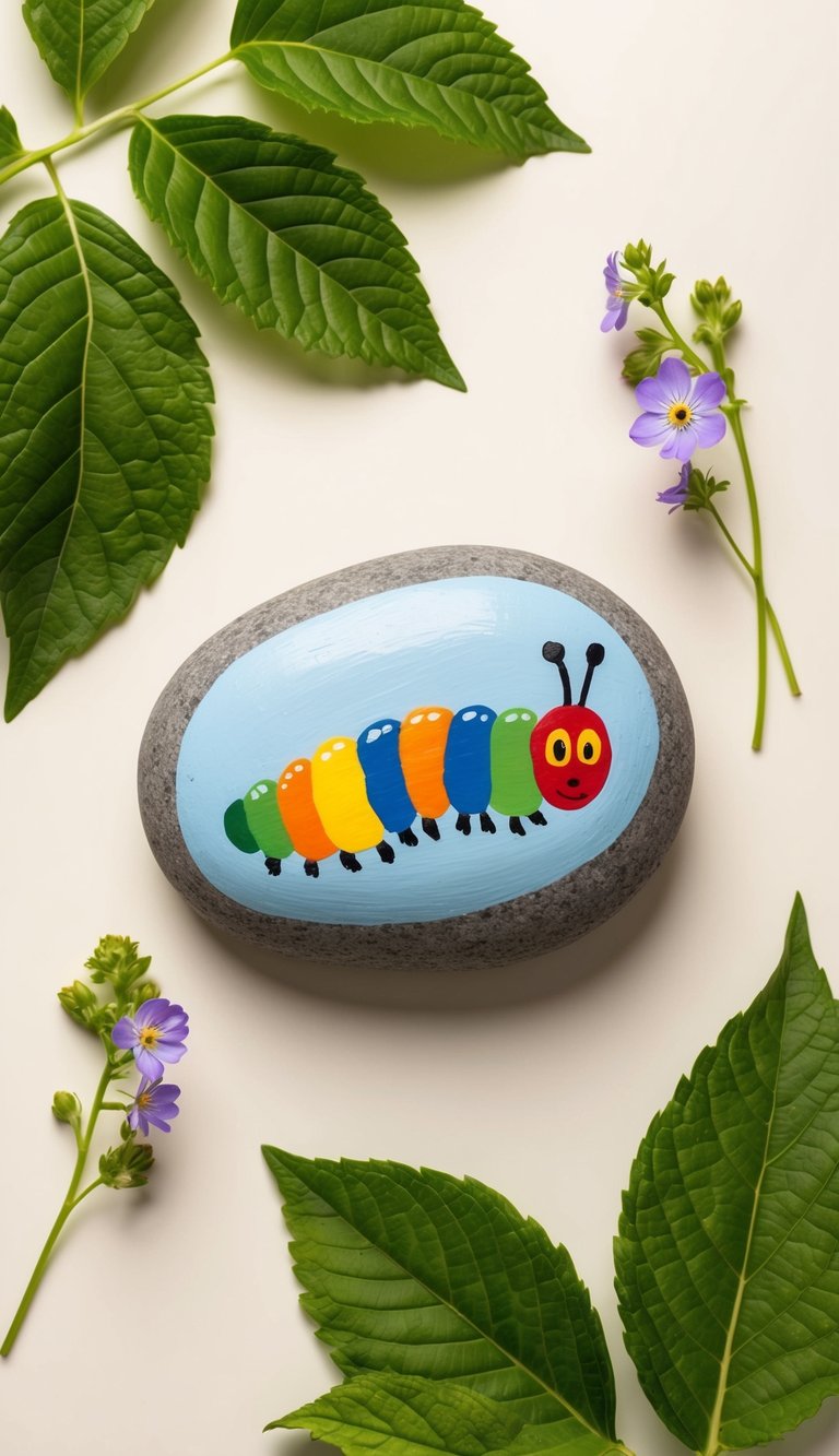 A colorful caterpillar painted on a smooth rock, surrounded by vibrant green leaves and small flowers