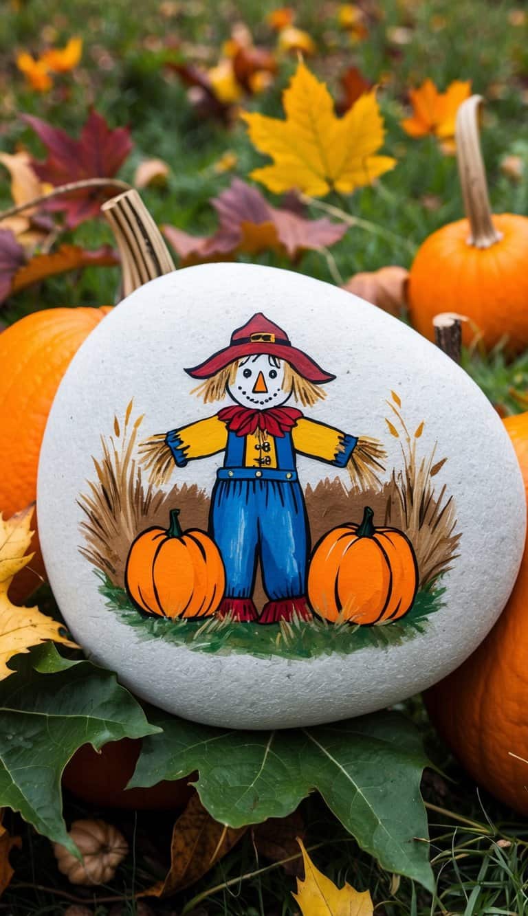 A scarecrow stands in a rustic autumn field, surrounded by colorful leaves and pumpkins