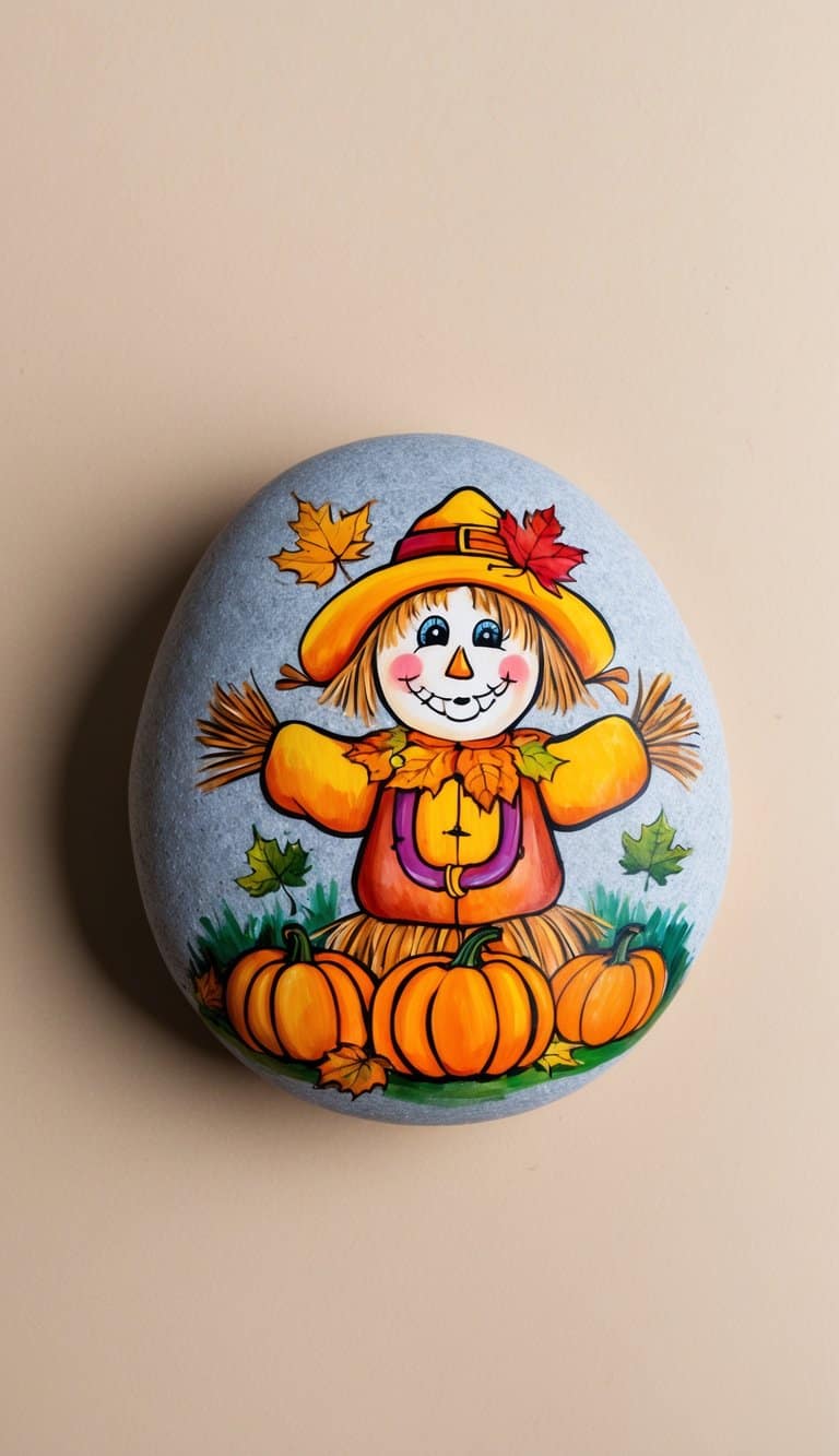 A cheerful scarecrow surrounded by autumn leaves and pumpkins, with a friendly smile and colorful fall-themed decorations