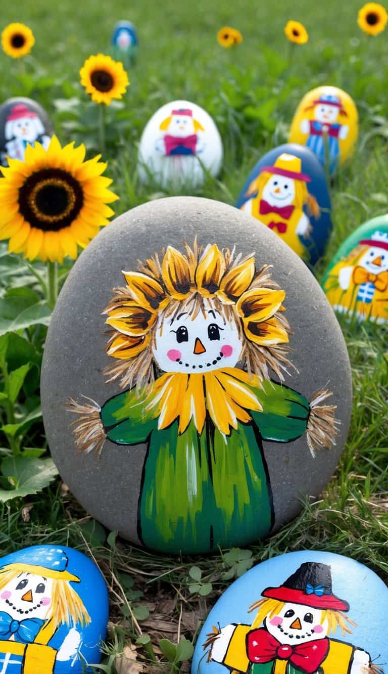 A scarecrow wearing a sunflower crown stands in a field surrounded by painted rocks depicting various scarecrow designs