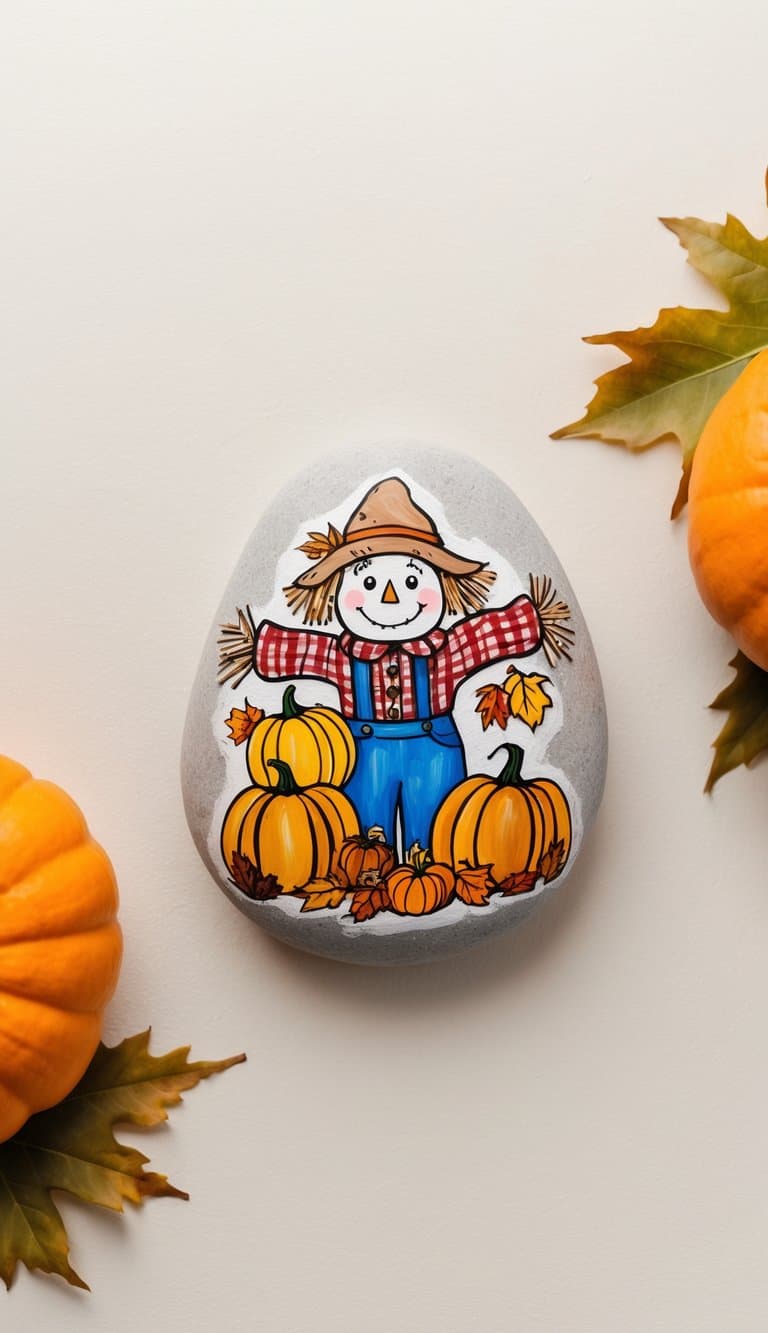 A scarecrow adorned with a plaid shirt, straw hat, and cheerful face, surrounded by pumpkins and autumn leaves