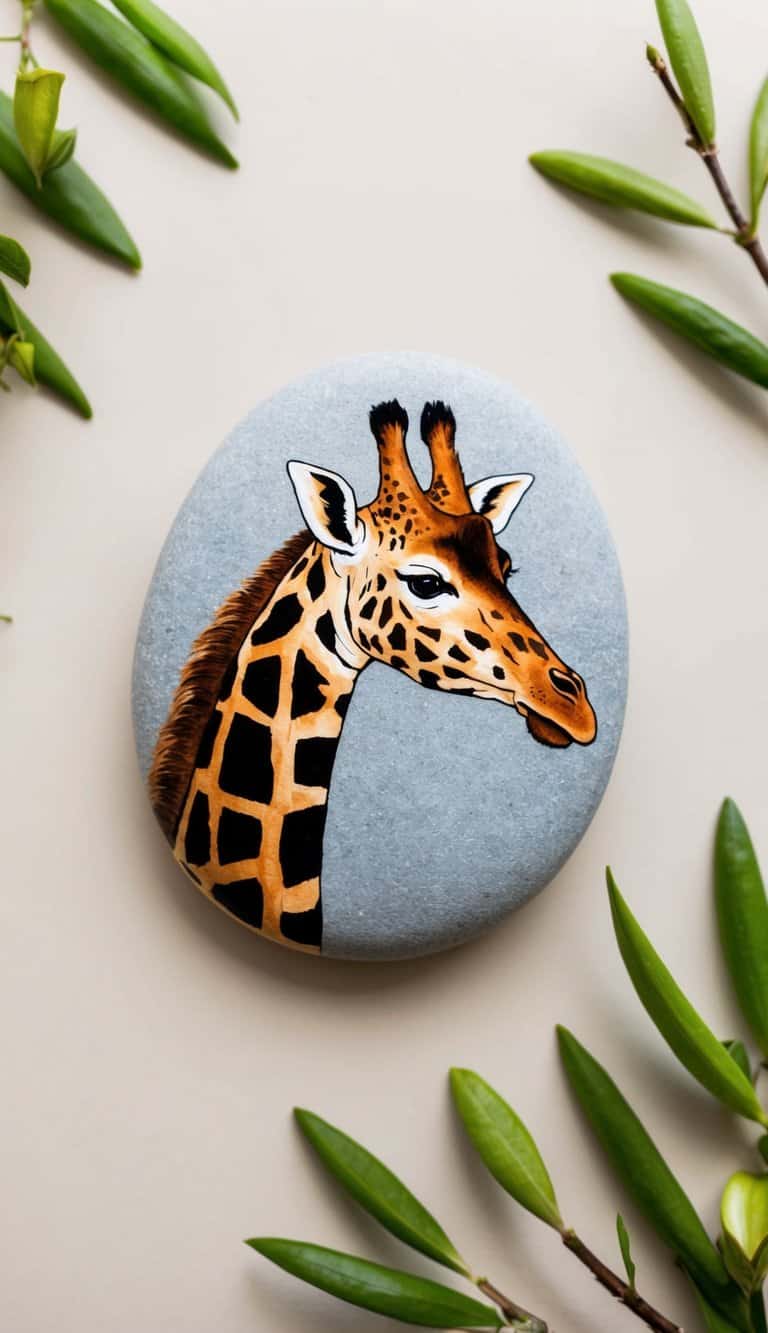 A giraffe head profile painted on a flat stone, with a tall and elegant neck, surrounded by nature