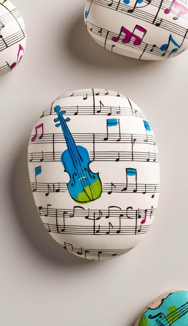 Sheet music decoupaged onto rocks, painted with musical notes and instruments in vibrant colors
