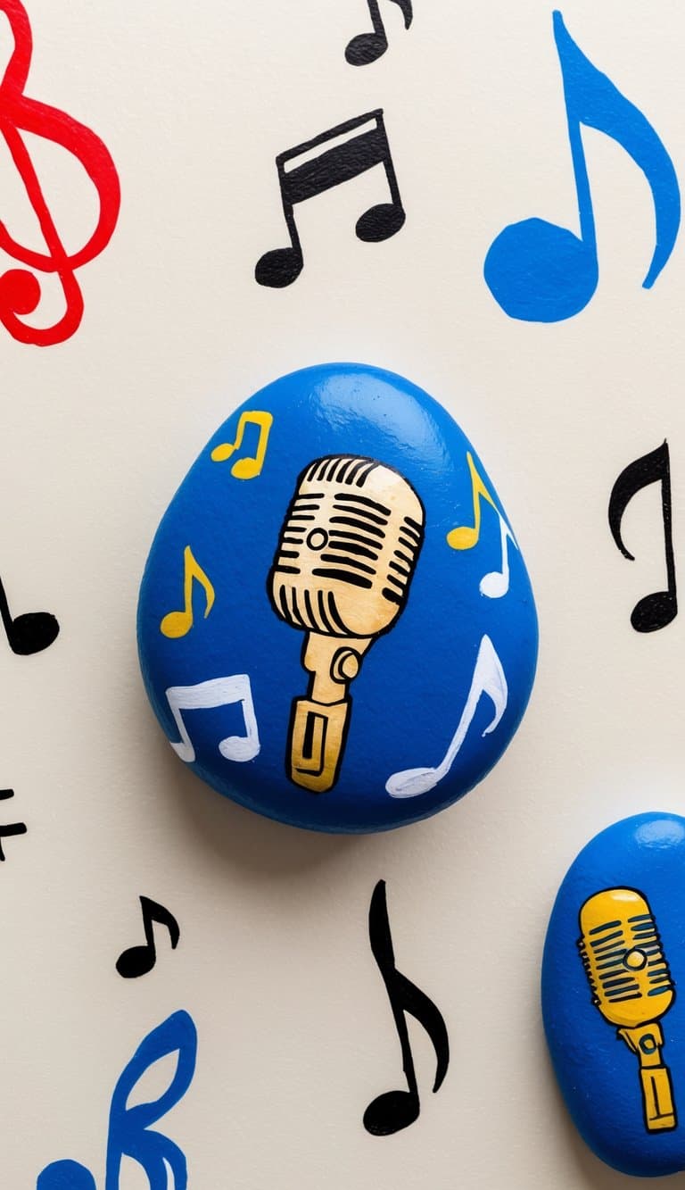 Microphone motifs painted on rocks among musical notes and instruments