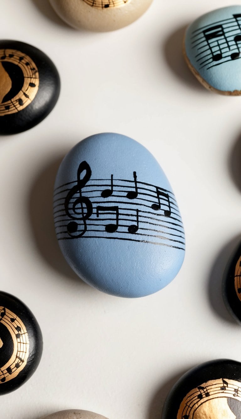 A collection of pebbles with musical designs, arranged in a decorative display