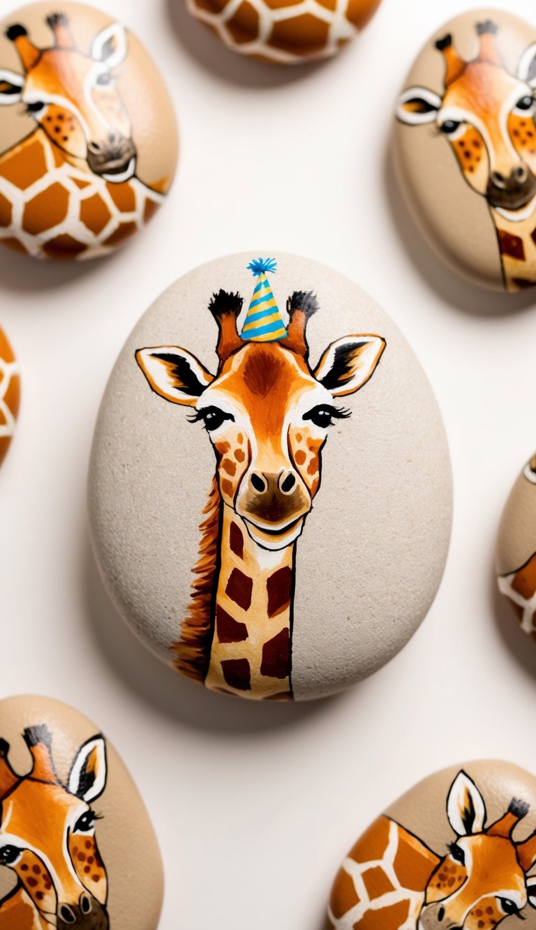 A giraffe wearing a party hat surrounded by giraffe painted rocks
