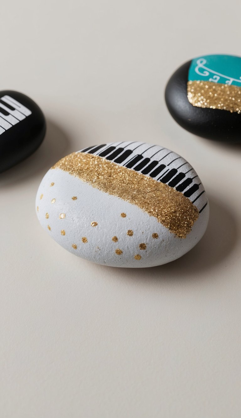 Glittery keyboard motifs on rocks with music-inspired paintings