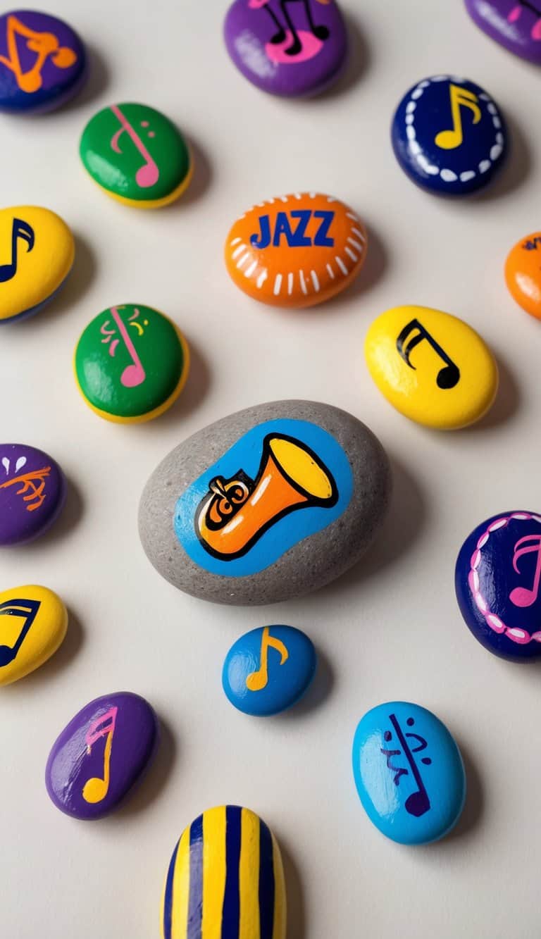Vibrant jazz-themed painted stones arranged in a lively composition, evoking the spirit of music and celebration
