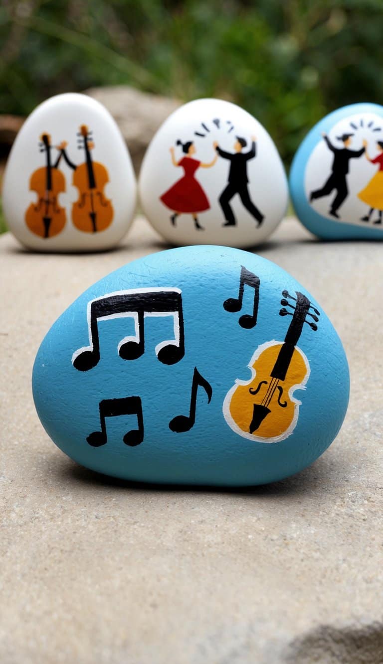 A collection of painted rocks with folk music elements, such as musical notes, instruments, and dancing figures, set against a natural backdrop