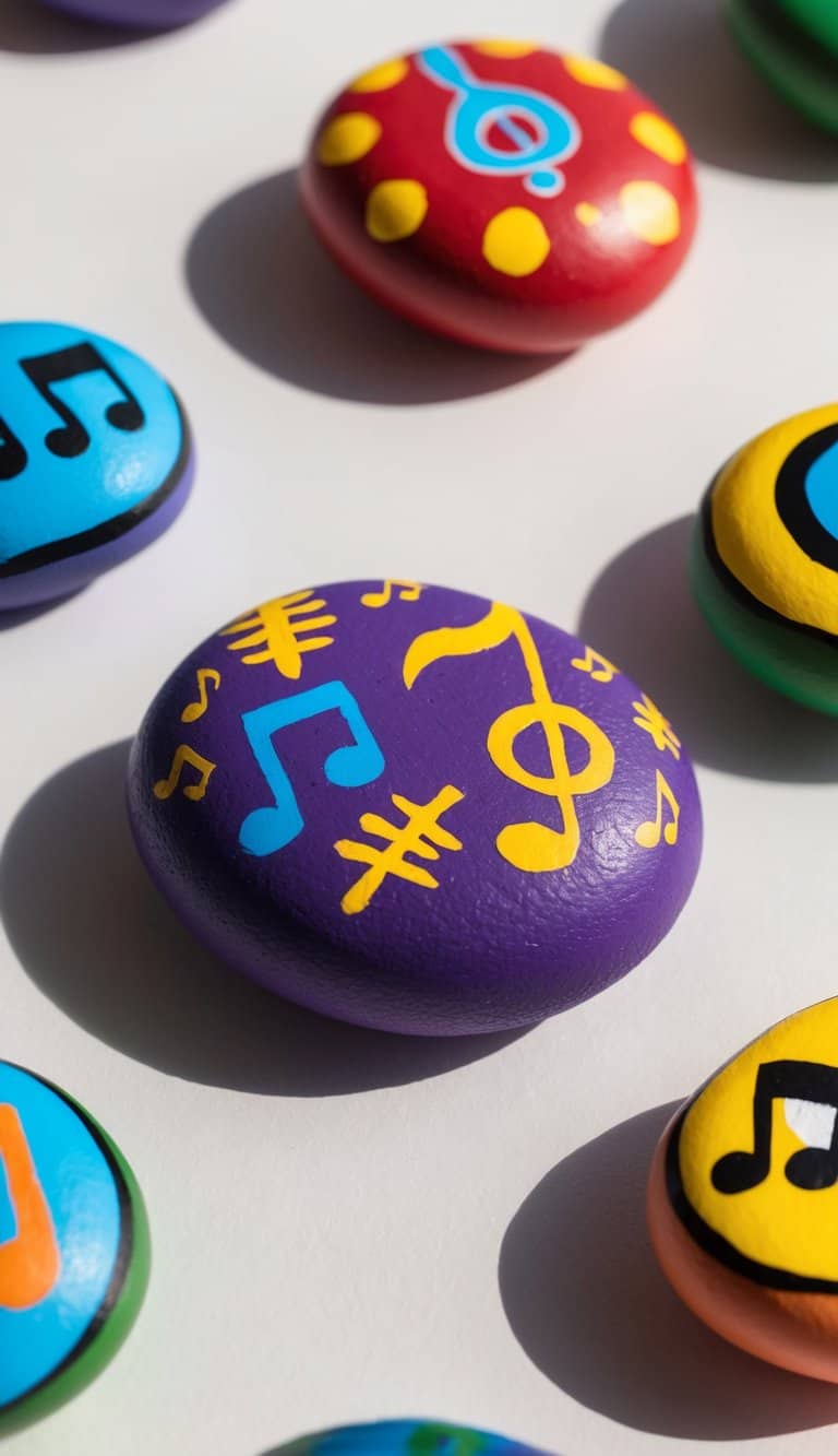 Colorful rocks adorned with musical symbols and vibrant patterns, creating a lively and energetic scene
