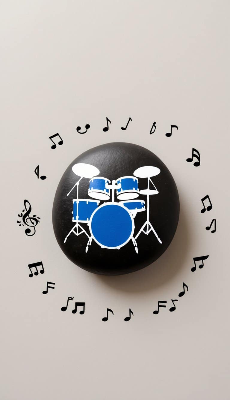 Drum set outlines painted on stones, surrounded by musical symbols and notes