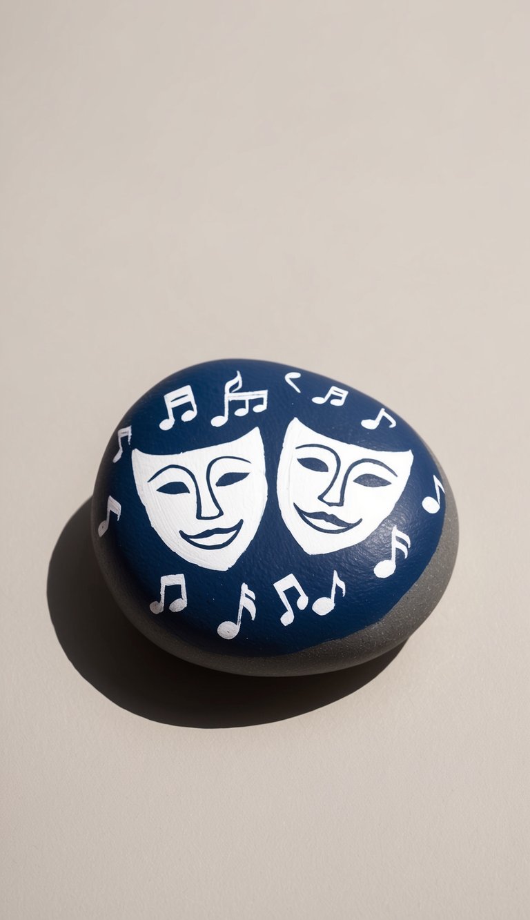 Two theater masks surrounded by musical symbols and notes, painted on rocks
