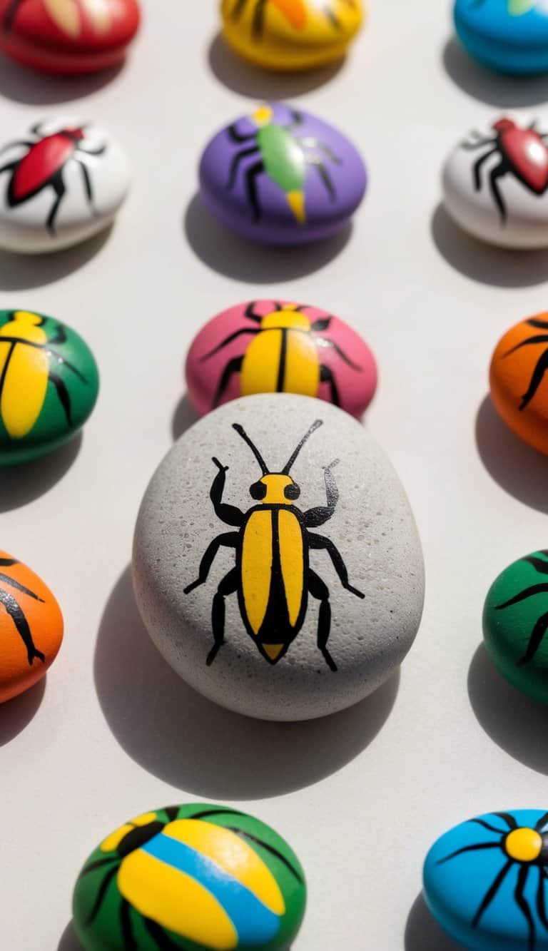 A group of colorful pebbles with bug designs, arranged in a cricket-themed pattern