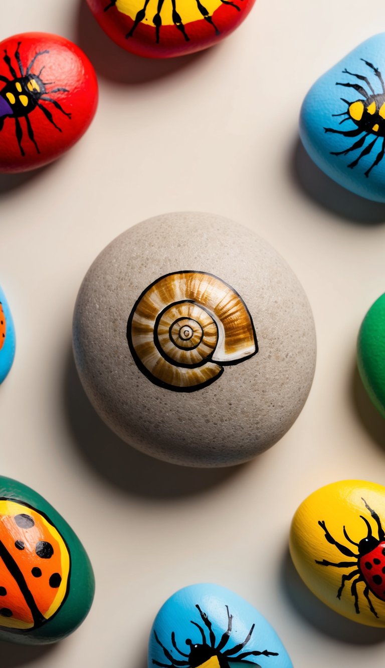 A snail shell with bug rock art surrounded by vibrant painted rocks