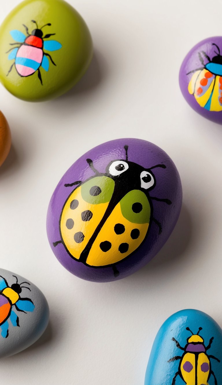 A colorful cocoon-shaped stone with bug designs surrounded by other painted rocks