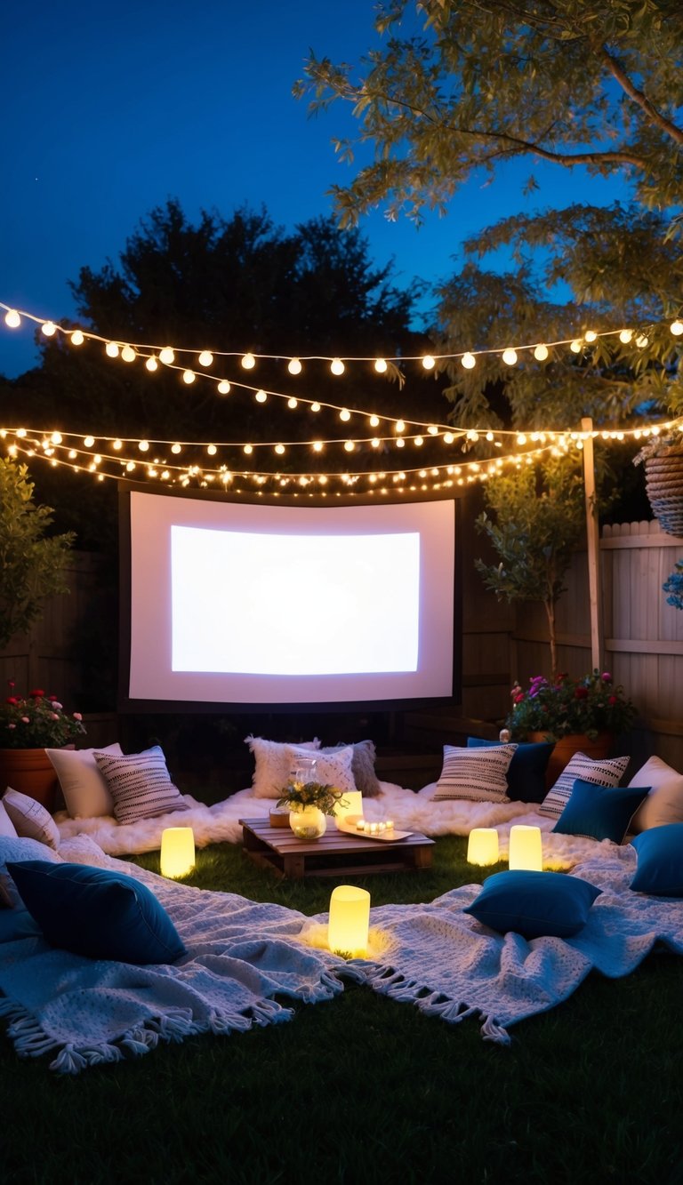 Glow sticks illuminate cozy outdoor movie setup with blankets and pillows
