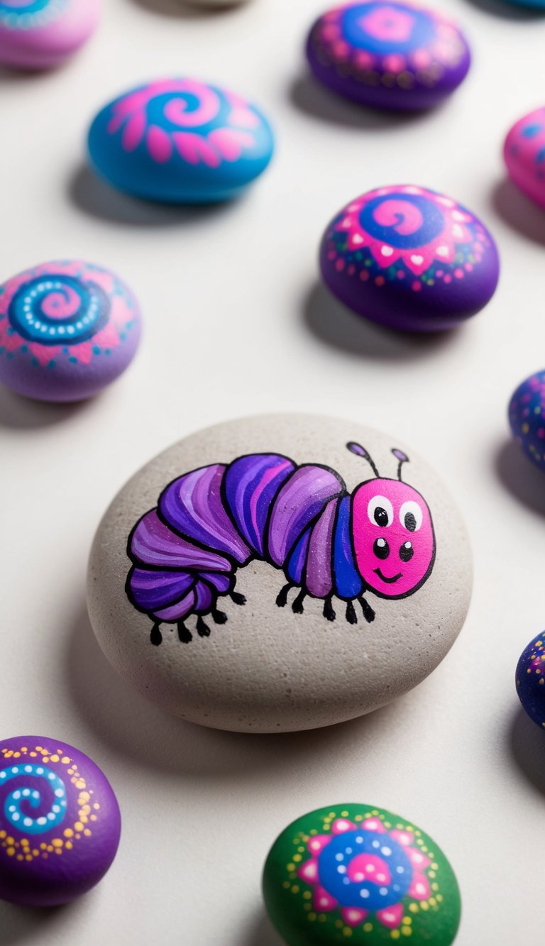 A collection of 50 uniquely painted rocks, each depicting an adorable caterpillar design in vibrant purple swirls and magical patterns