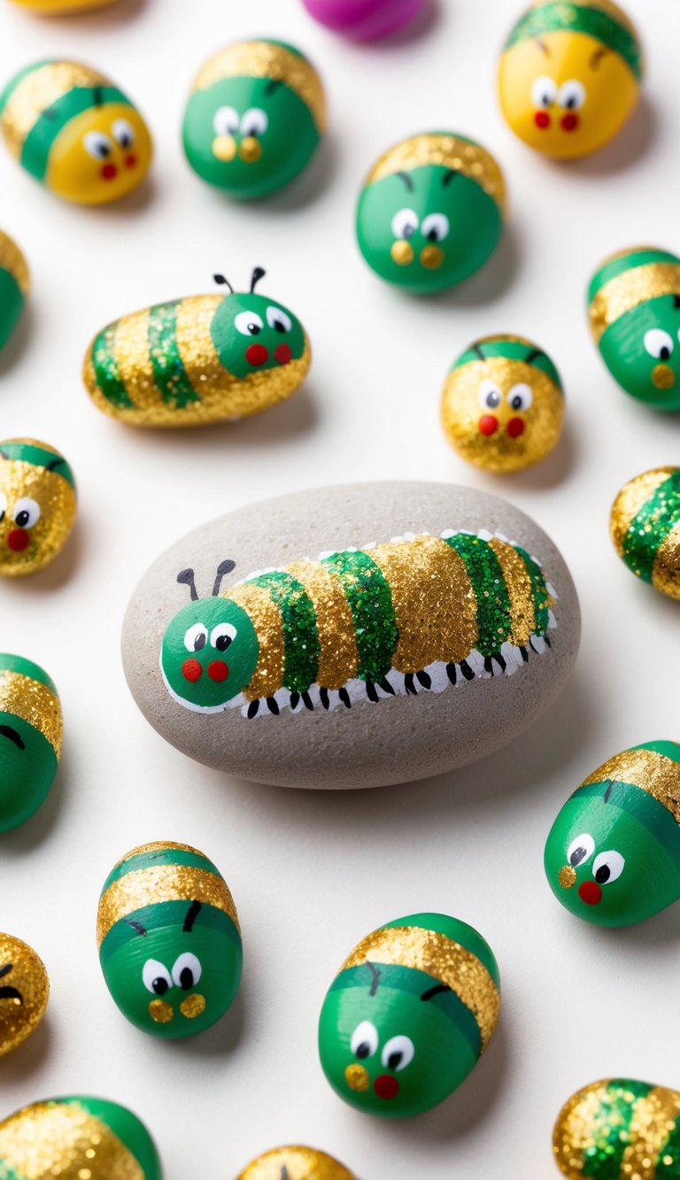 A collection of 50 brightly painted rocks, each adorned with gold glitter and arranged to depict adorable caterpillars