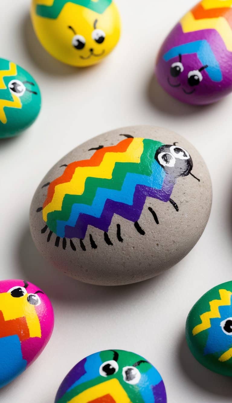 A vibrant collection of painted rocks, each adorned with colorful chevron patterns to resemble adorable caterpillars