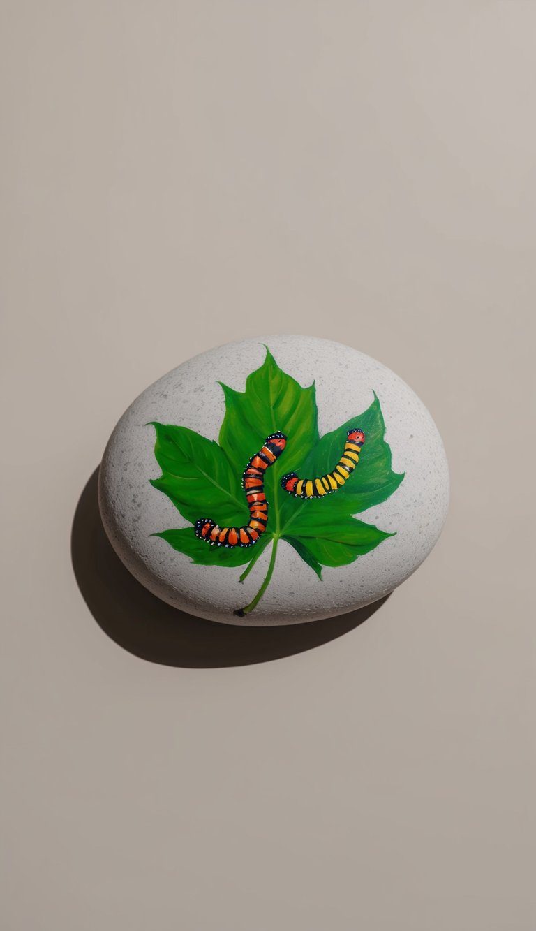 A vibrant green leaf with colorful caterpillars painted on rocks