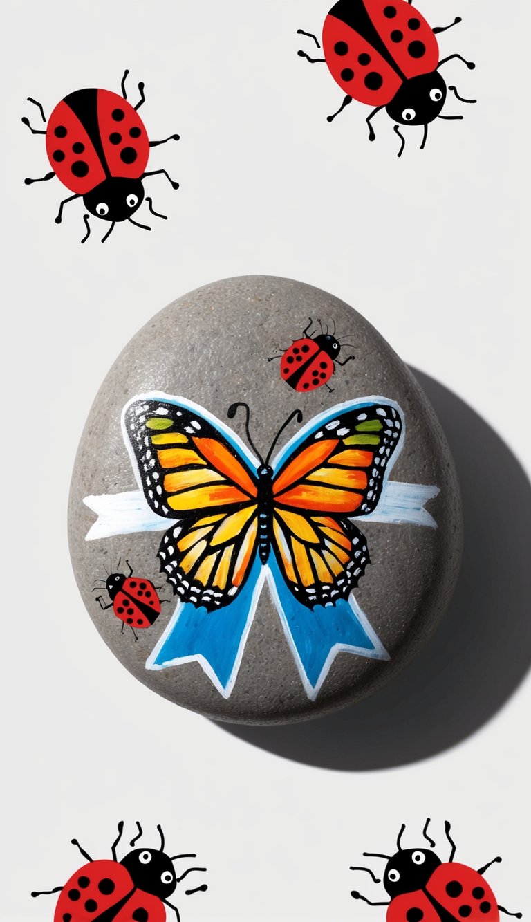 A vibrant butterfly with a ribbon painted on a rock, surrounded by ladybug designs