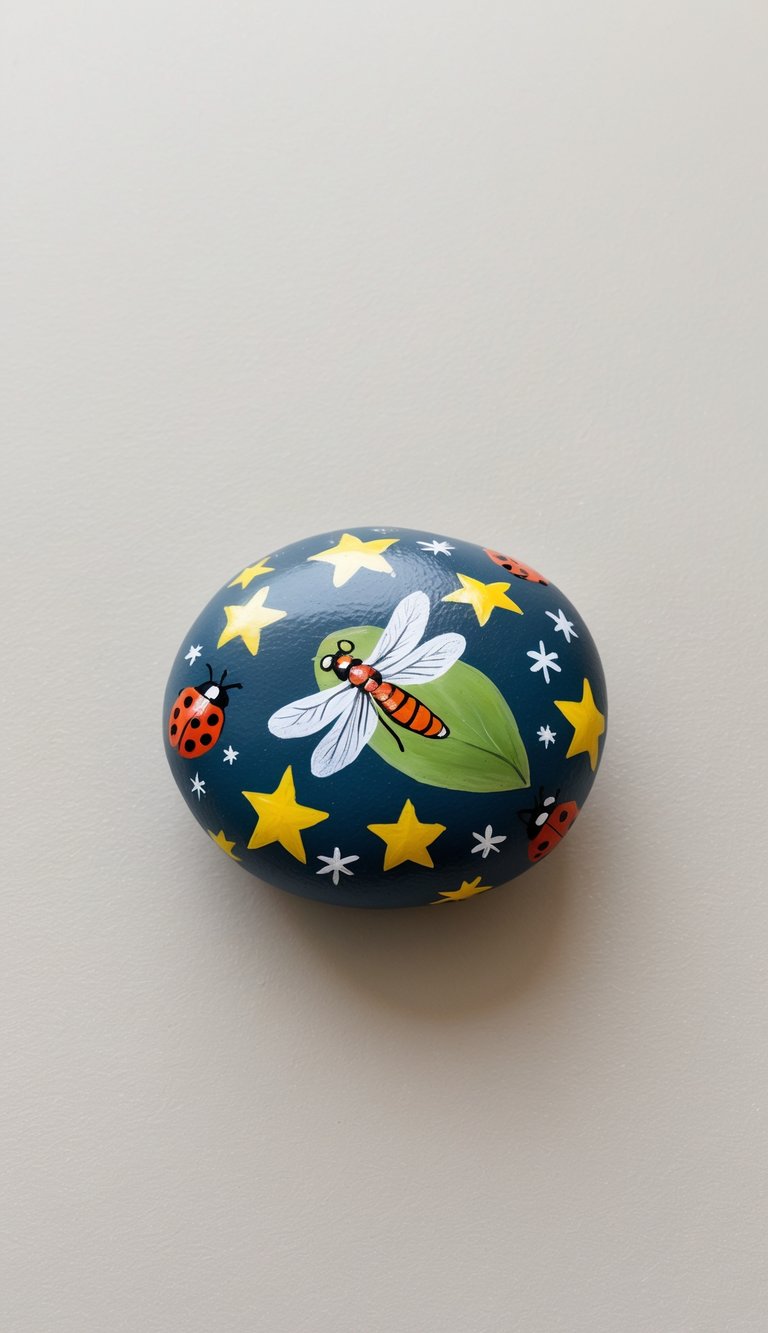 A firefly perched on a rock, surrounded by stars and ladybug designs