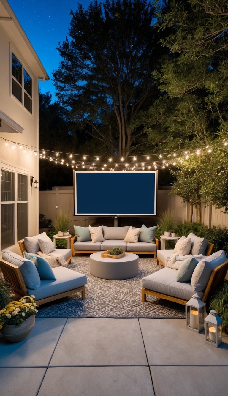 A backyard movie night with cozy blankets, pillows, and outdoor seating arranged around a large screen under the stars