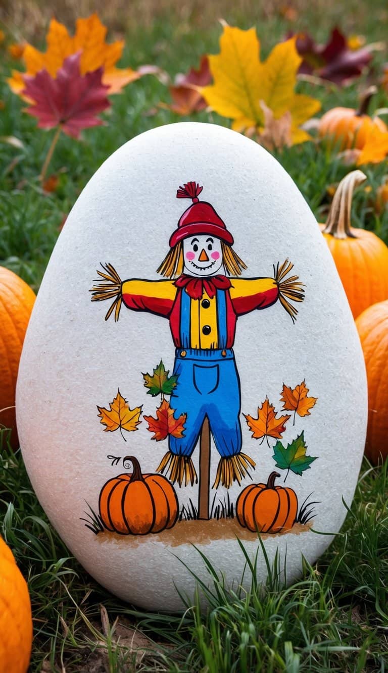 A jolly scarecrow with a beanie stands in a field, surrounded by colorful autumn leaves and pumpkins