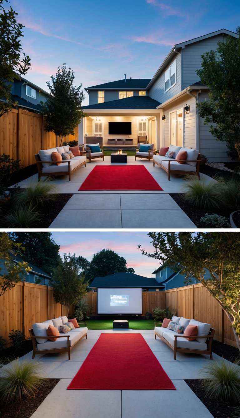 A red carpet leads to a backyard cinema with cozy seating and a projector for an outdoor movie night