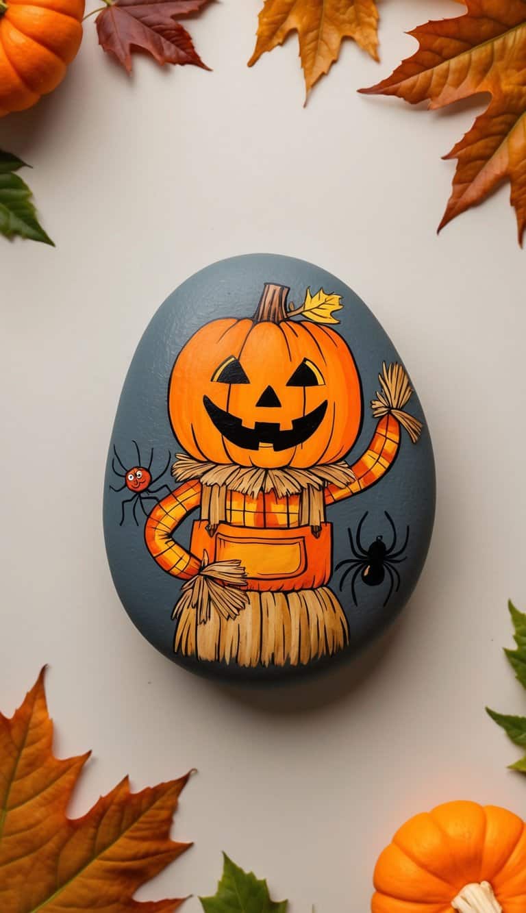 A scarecrow with a pumpkin head and a spider crawling on its arm, surrounded by autumn leaves and pumpkins
